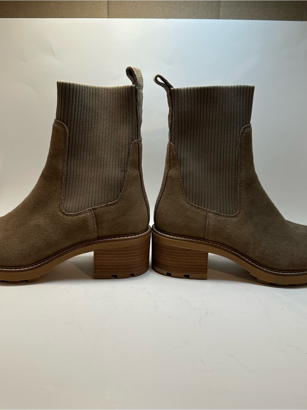 Steve Madden Taupe Suede Kiley Chunky Booties with Ribbed Knit Shaft